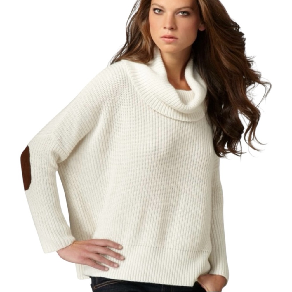 AUTUMN CASHMERE Cashmere Merino Wool Elbow Patch Knit Sweater Light Beige Small